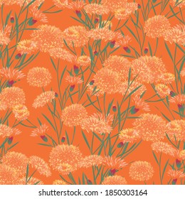 Floral Wallpaper with Big Flowers. Seamless Pattern with Daisy Flowers for Print Skirt Tablecloth. Colorful Rapport. Retro Pattern. Vector Seamless Flowers.