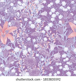 Floral Wallpaper with Big Flowers. Seamless Pattern with Daisy Flowers for Textile Blouse Swimwear. Vector Seamless Flowers. Colorful Rapport. Retro Pattern.