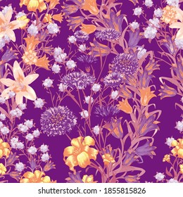 Floral Wallpaper with Big Flowers. Seamless Pattern with Daisy Flowers for Blouse Shirt Dress. Vector Seamless Flowers. Retro Pattern. Colorful Rapport.