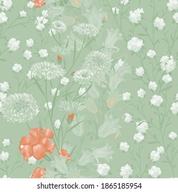 Floral Wallpaper with Big Flowers. Seamless Pattern with Daisy Flowers for Textile Linen Wallpaper. Vintage Pattern. Colorful Rapport. Vector Seamless Flowers.