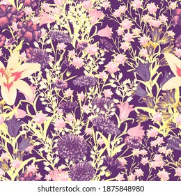 Floral Wallpaper with Big Flowers. Seamless Pattern with Daisy Flowers for Curtains Cloth Textile. Colorful Rapport. Trendy Pattern. Vector Seamless Flowers.