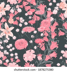 Floral Wallpaper with Big Flowers. Seamless Pattern with Daisy Flowers for Swimwear Blouse Shirt. Trendy Pattern. Colorful Rapport. Vector Seamless Flowers.