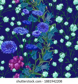 Floral Wallpaper with Big Flowers. Seamless Pattern with Daisy Flowers for Curtains Shirt Skirt. Vector Seamless Flowers. Retro Pattern. Colorful Rapport.
