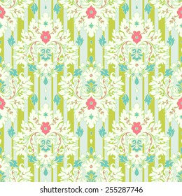 Floral wallpaper damask pattern and  striped background