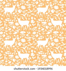 Floral wallpaper with deers. Trendy pattern. Can be used as wallpapers, wrapping paper, cards, etc. Hygge style.