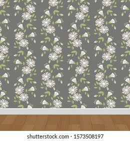 Floral wallpaper in an empty room.