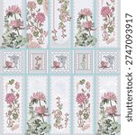 Vintage‑style floral wallpaper or fabric patchwork with pink peony motifs, green foliage, and decorative lace borders set in a grid layout.