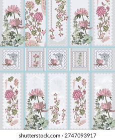 Vintage‑style floral wallpaper or fabric patchwork with pink peony motifs, green foliage, and decorative lace borders set in a grid layout.