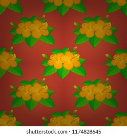 Floral wallpaper in green, red, yellow and orange colors. Vector striped seamless pattern with hibiscus flowers. Decorative ornament for fabric, textile, printing. Traditional seamless paisley pattern