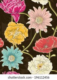 Floral Wallpaper with hand-drawn flowers retro colored 