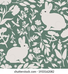 Floral wallpaper with hares. Easter concept. Trendy pattern. Can be used as wallpapers, wrapping paper, cards, etc. Hygge style.