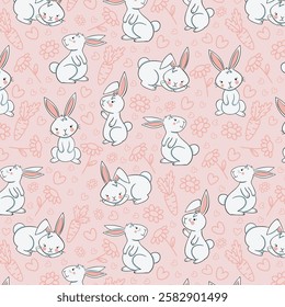 Floral wallpaper with hares. Trendy pattern. Can be used as wallpapers, wrapping paper, cards, etc. Hygge style.