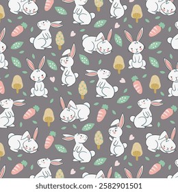 Floral wallpaper with hares. Trendy pattern. Can be used as wallpapers, wrapping paper, cards, etc. Hygge style.