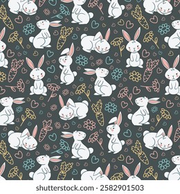 Floral wallpaper with hares. Trendy pattern. Can be used as wallpapers, wrapping paper, cards, etc. Hygge style.