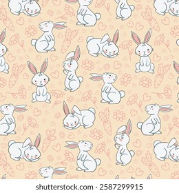 Floral wallpaper with hares. Trendy pattern. Can be used as wallpapers, wrapping paper, cards, etc. Hygge style.