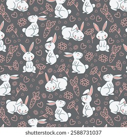 Floral wallpaper with hares. Trendy pattern. Can be used as wallpapers, wrapping paper, cards, etc. Hygge style.