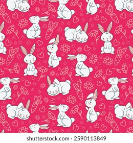 Floral wallpaper with hares. Trendy pattern. Can be used as wallpapers, wrapping paper, cards, etc. Hygge style.
