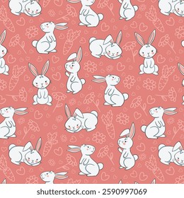 Floral wallpaper with hares. Trendy pattern. Can be used as wallpapers, wrapping paper, cards, etc. Hygge style.