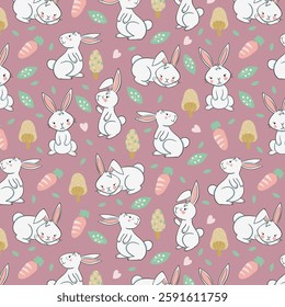 Floral wallpaper with hares. Trendy pattern. Can be used as wallpapers, wrapping paper, cards, etc. Hygge style.