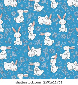 Floral wallpaper with hares. Trendy pattern. Can be used as wallpapers, wrapping paper, cards, etc. Hygge style.