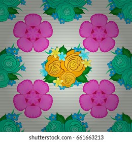 Floral wallpaper on beige background. Decorative ornament for fabric, textile, wrapping paper. Vector striped seamless pattern with rose flowers and green leaves. Traditional oriental seamless pattern