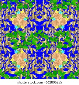 Floral wallpaper on blue background. Vector striped seamless pattern with rose flowers and green leaves. Traditional oriental seamless pattern. Decorative ornament for fabric, textile, wrapping paper.
