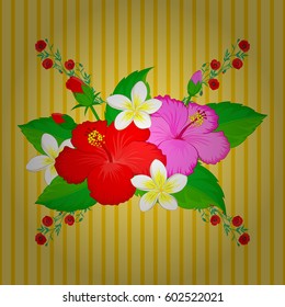 Floral wallpaper on a yellow background. Vector striped seamless pattern with hibiscus flowers. Traditional oriental seamless paisley pattern. Decorative ornament for fabric, textile, wrapping paper.