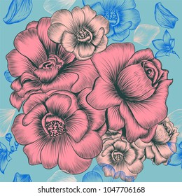 Floral wallpaper pattern with engraved hand drawn flowers