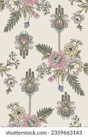 a floral wallpaper pattern with flowers and leaves on a beige background with green leaves and flowers on a white background; arts and crafts movement, a flemish Baroque, Annabel Kidston, fine foliage