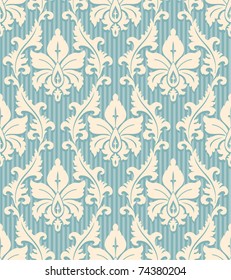 Floral Wallpaper Pattern Light Yellow Ornament And Blue Striped Background