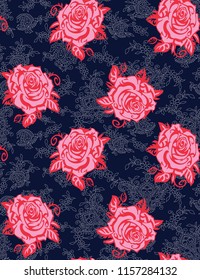 Floral wallpaper pattern with rose design on navy