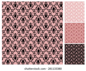 Floral wallpaper pattern vector illustration Floral background Ornamental elegant flower designs in dusty rose pink Swirly plants vignette Seamless pattern 4 decorate wall, paper, tiles, fabric prints