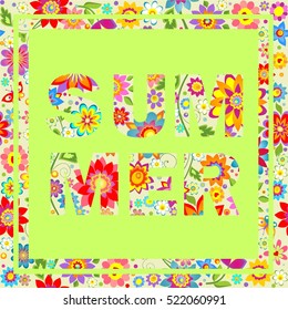 Floral wallpaper with printed summer lettering