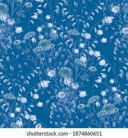 Floral Wallpaper with Realistic Flowers. Seamless Pattern with Wild Flowers and Ivy for Blouse Wallpaper Dress. Vector Seamless Texture in Vintage Style. Trendy Pattern. Retro Rapport.
