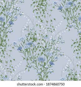 Floral Wallpaper with Realistic Flowers. Seamless Pattern with Wild Flowers and Ivy for Tablecloth Shirt Cloth. Trendy Pattern. Vector Seamless Texture in Vintage Style. Retro Rapport.