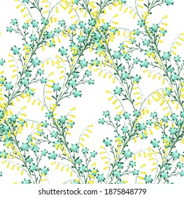 Floral Wallpaper with Realistic Flowers . Seamless Pattern with Wild Flowers for Dress Skirt Curtains. Trendy Pattern. Vector Seamless Texture in Vintage Style. Colorful Trendy Rapport.