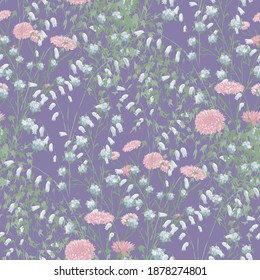 Floral Wallpaper with Realistic Flowers. Seamless Pattern with Wild Flowers and Ivy for Skirt Dress Shirt. Trendy Pattern. Vector Seamless Texture in Vintage Style. Retro Rapport.