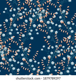 Floral Wallpaper with Realistic Flowers . Seamless Pattern with Wild Flowers for Blouse Swimwear Shirt. Colorful Trendy Rapport. Retro Pattern. Vector Seamless Texture in Vintage Style.
