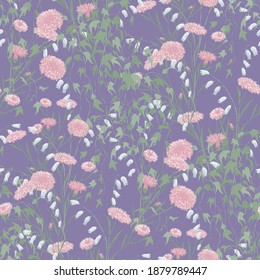 Floral Wallpaper with Realistic Flowers. Seamless Pattern with Wild Flowers and Ivy for Cloth Wallpaper Textile. Trendy Pattern. Retro Rapport. Vector Seamless Texture in Vintage Style.