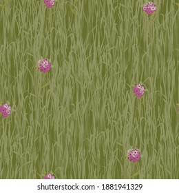 Floral Wallpaper with Realistic Flowers. Seamless Pattern with Wild Clover on a Meadow for Dress Linen Curtains. Retro Rapport. Vector Seamless Grass Texture. Modern Pattern.