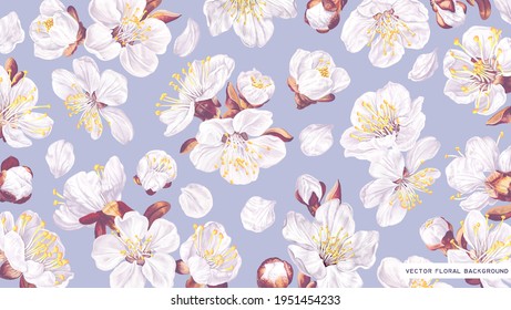Floral wallpaper for screen desktop on computers, laptops and tablets. Realistic flowers in pastel colors, background for banners, covers and posts in social networks. Vector sakura on blue background