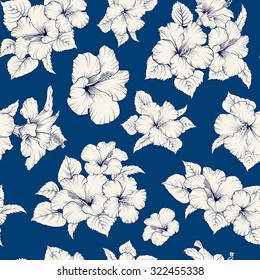 Floral wallpaper texture. Card with romantic flowers on blue background. Vector illustration.