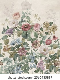 A floral wallpaper with a variety of colored flowers on beige background.