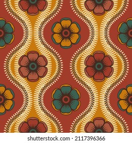 Floral wallpapers inspired by retro 60s 70s wallpapers and fabrics, seamless vector pattern. Ogee shapes and stylized flowers, vector illustration.