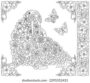 Floral walrus. Adult coloring book page with fantasy animal and flower elements