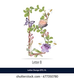 Floral Watercolor Alphabet. Letter B Made of Flowers. Typographic, Monogram.