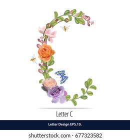 Floral Watercolor Alphabet. Letter C Made of Flowers. Typographic, Monogram.