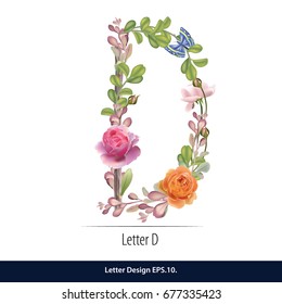 Floral Watercolor Alphabet. Letter D Made of Flowers. Typographic, Monogram.