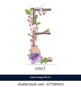 Floral Watercolor Alphabet. Letter E Made of Flowers. Typographic, Monogram.