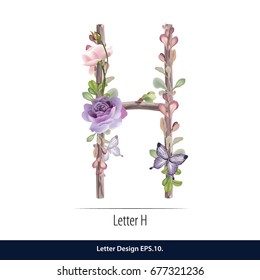 Floral Watercolor Alphabet. Letter H  Made of Flowers. Typographic, Monogram.